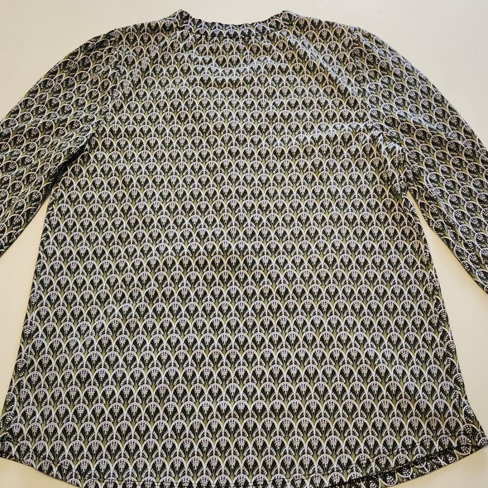 BY design, top/blouse. Olive green tone to it with puffed arched prints.